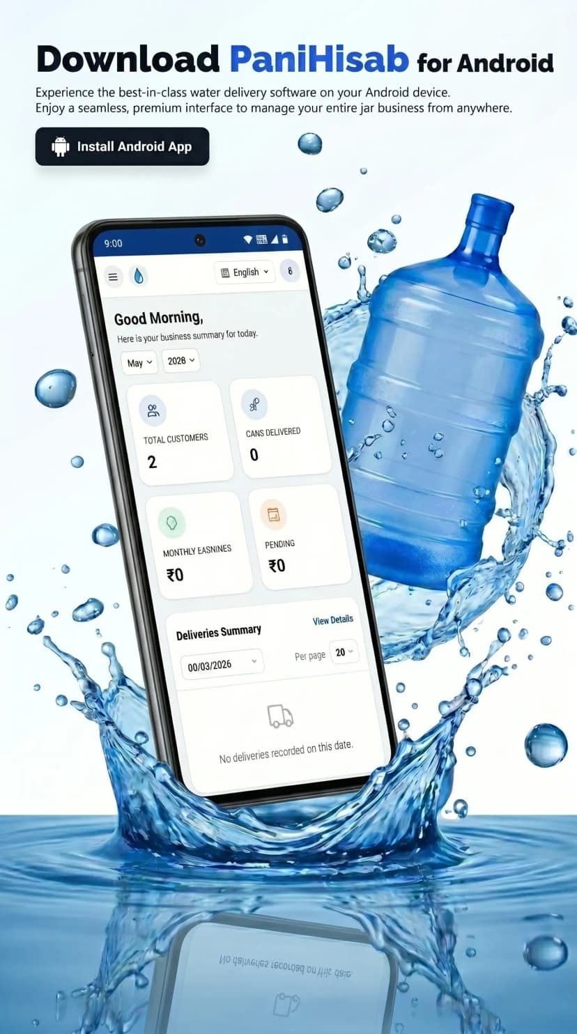 PaniHisab Android water delivery app dashboard interface showing daily route tracking and customer ledger
