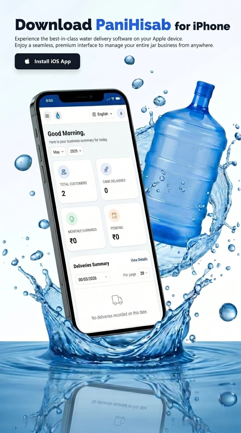 PaniHisab iOS water delivery app interface on iPhone showing monthly automatic billing and jar tracking